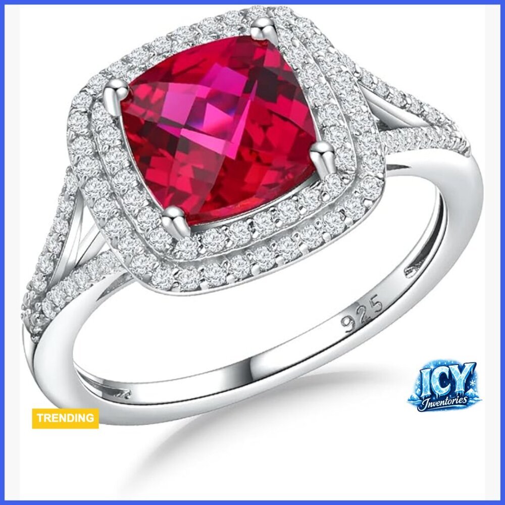 925 Sterling Silver Double Halo Engagement Ring with Created Gemstone